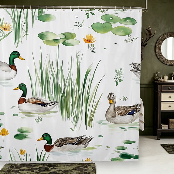 Manfei Aquatic Bird Pattern Shower Curtain 72Wx78L,Cabin Style Wild Duck Bath Curtain