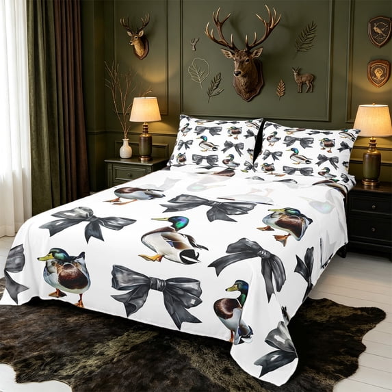 Manfei Aquatic Mallard Bird Bed Sheets,Vintage BowknotFull Size Sheets,4pcs,1 Flat Sheet,1 Fitted Sheet and 2 Pillowcases