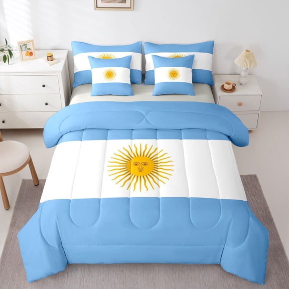 Manfei Argentinian Flag 7-Piece Twin Bedding,Blue White Yellow Bedding Comforter Set,Light Gray Reversible