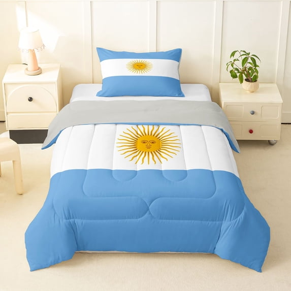 Manfei Argentinian Flag Twin Comforter Sets,Blue White Yellow Bedding Set,Light Gray Reversible,2pcs,1 Comforter and 1 Pillowcase