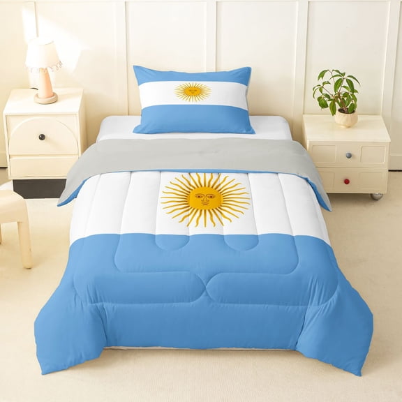 Manfei Argentinian Flag Twin Comforter Sets,Blue White Yellow Bedding Set,Light Gray Reversible,2pcs,1 Comforter and 1 Pillowcase