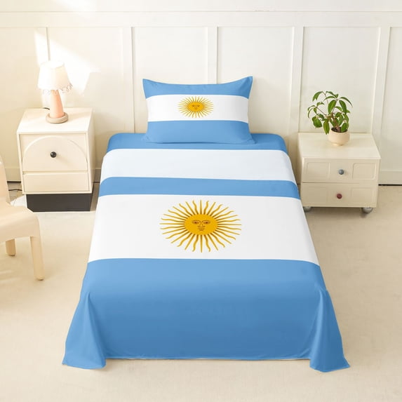 Manfei Argentinian Flag Twin Sheets,Blue White Yellow Bedding,3pcs,1 Fitted Sheet and 1 Pillowcase
