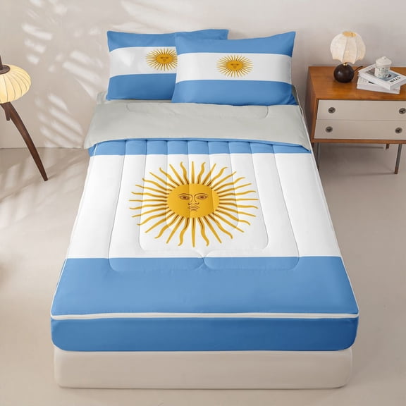 Manfei Argentinian Flag Zipper Twin Comforter Sets with Fitted Sheet and 2 Pillowcases,Blue White Yellow Zipper Bedding Set,Light Gray Reversible,4pcs