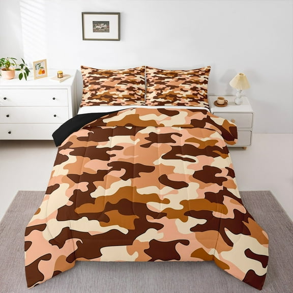 Manfei Camouflage Bedding Comforter Set,Rustic Outdoor Twin Comforter Sets,Brown Camo Bedding Set For Kids,Microfiber Bedroom Decor Reversible,2 Pieces