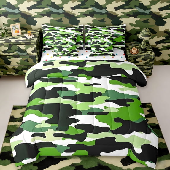 Manfei Camouflage Camo 7-Piece Twin Bedding Sets,Rustic Outdoor Bedding Comforter Set,Green Black Sheet Sets For Kids,Microfiber Bedroom Decor Reversible