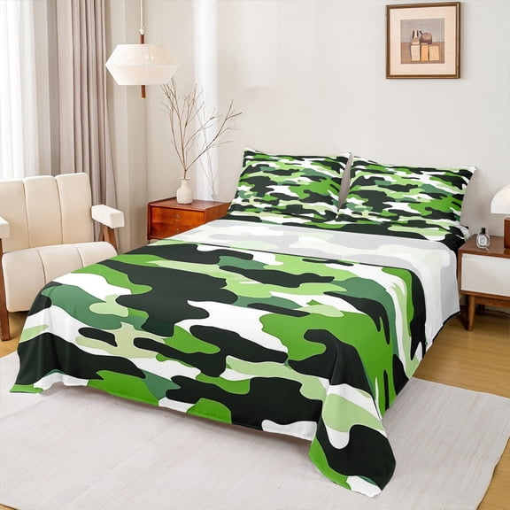 Manfei Camouflage Camo Full Size Sheets,Rustic Outdoor Bed Sheets,Green Black Sheet Sets For Kids,Microfiber Bedroom Decor,4-Piece