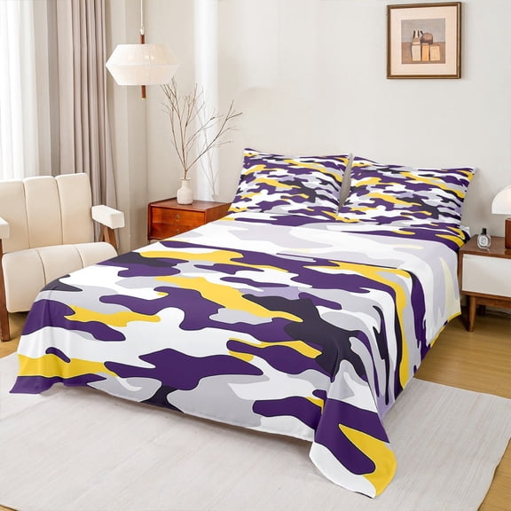 Manfei Camouflage Camo Full Size Sheets,Rustic Outdoor Bed Sheets,Purple Gray Yellow Sheet Sets For Kids,Microfiber Bedroom Decor,4 Pieces
