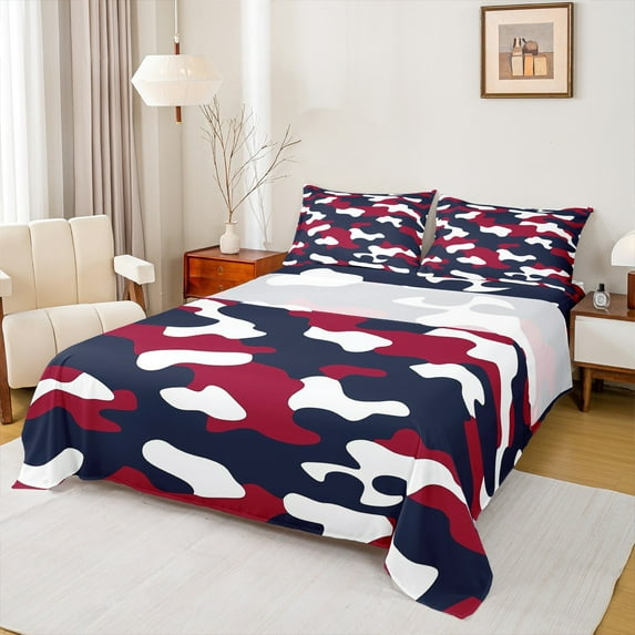 Manfei Camouflage Camo Full Size Sheets,Rustic Outdoor Bed Sheets,Red Black White Sheet Sets For Kids,Microfiber Bedroom Decor,4-Piece
