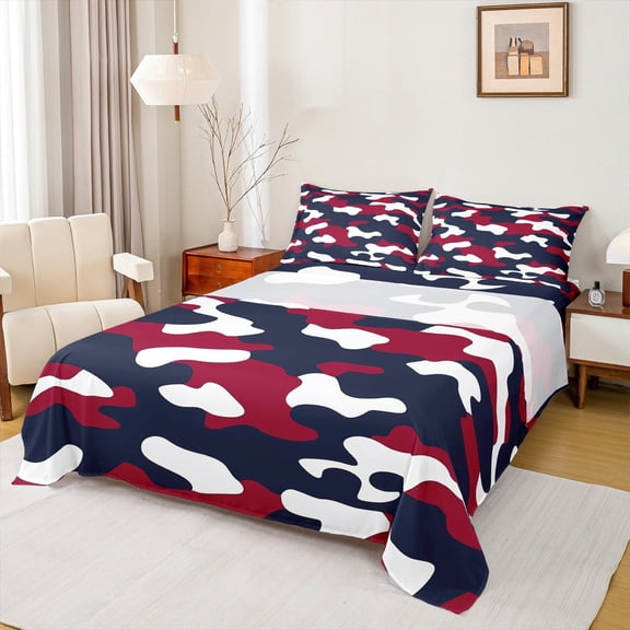Manfei Camouflage Camo Queen Sheet Sets,Rustic Outdoor Flat Sheet,Red Black White Queen Fitted Sheet For Kids,Microfiber Bedroom Decor,4 Pieces