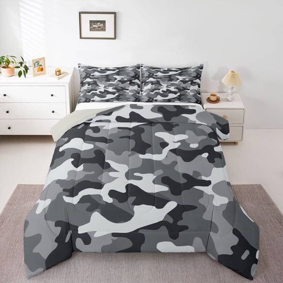 Manfei Camouflage Full Size Comforter Sets,Rustic Outdoor Bedding Comforter Set,Gray Camo Bedding Sets For Kids,Microfiber Bedroom Decor Reversible,3 Pieces