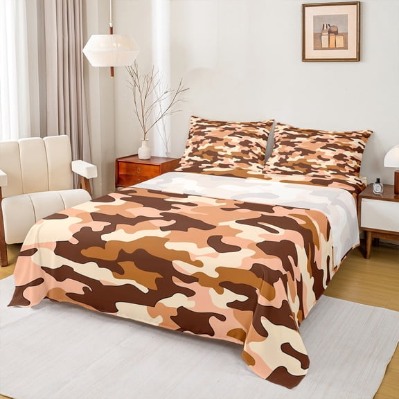 Manfei Camouflage Twin Sheet Sets,Rustic Outdoor Twin Fitted Sheet,Brown Camo Flat Sheet For Kids,Microfiber Bedroom Decor,3 Pieces