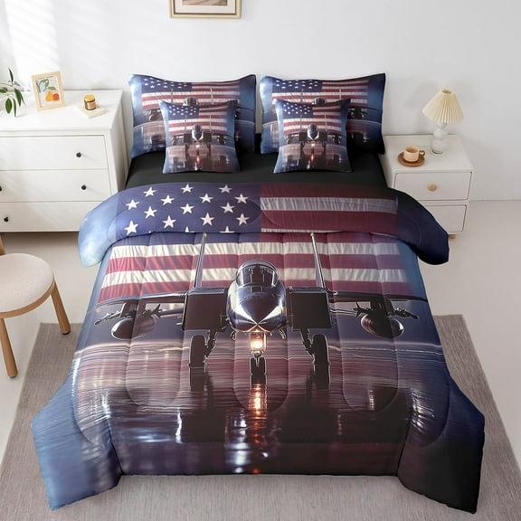 Manfei Fighter Jet 7-Piece Twin Bedding Sets,American Flag Bedding Comforter Set,Abstract Vintage Breathable Sheet Sets,Breathable Room Decoration,Reversible