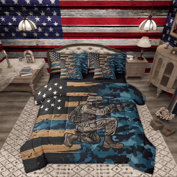 Manfei Cartoon Bedding Sets Full Size, Vintage US Flag Bed in a Bag Full size, Blue Camouflage Reversible Comforter Sets with Sheets, Breathable Bedroom Decoration, 7pcs