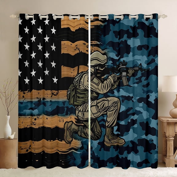 Manfei Army Military Curtains Pack of 2 (42x84), Vintage US Flag Black Out Curtains, Blue Camouflage Blackout Curtains for Bedroom, Window Treatments Bedroom Decoration