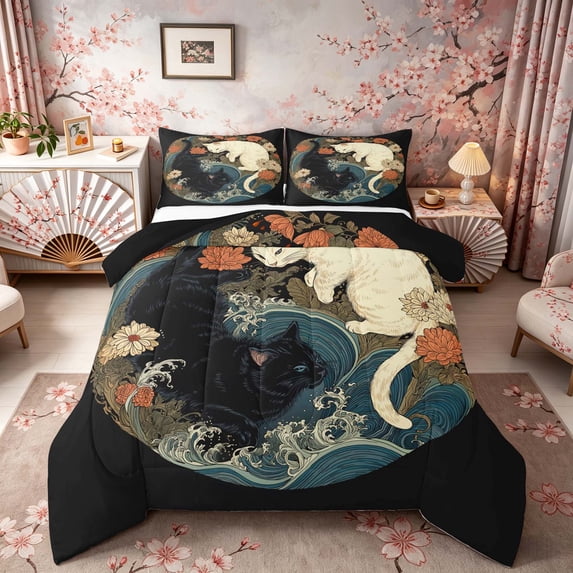 Manfei Art Cat Full Size Comforter Sets for Girls Women, Yin-Yang Floral Wave Bedding Sets, Black White Orange, Black Reversible 3-Piece, 1 Comforter and 2 Pillowcases