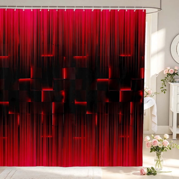 Manfei Art Check Shower Curtain 72Wx78L,Geometric Grid Bath Curtain,Black Red