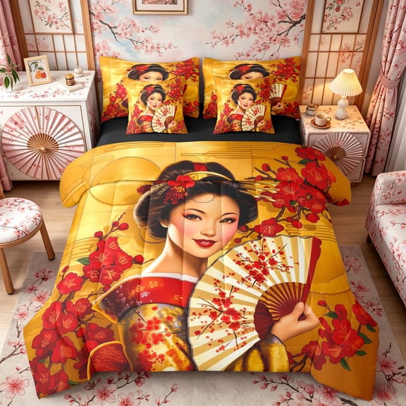 Manfei Art Deco Geisha Bedding Comforter Set for Home, Plum Fan Queen Bedding Sets for Office, Red Gold, Black Reversible 7pcs