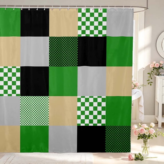 Manfei Art Plaid Shower Curtain 72Wx72L,Abstract Grid Bathroom Curtain,Green Yellow
