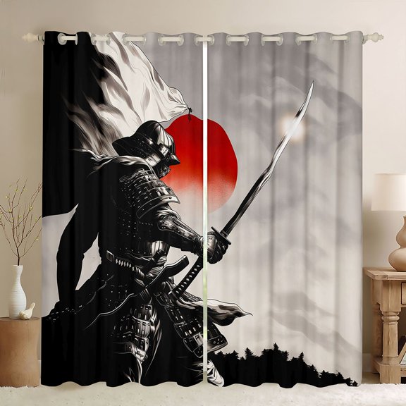 Manfei Art Samurai Black Out Curtains for Home, Armor Flag Curtains Pack of 2 (42x63 Each) for Office, Black Red White