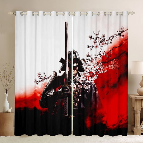 Manfei Art Samurai Black Out Curtains for Home, Armor Sword Curtains Pack of 2 (42x63 Each) for Office, Black Red White