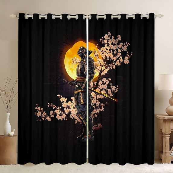 Manfei Art Samurai Black Out Curtains for Home, Moon Cherry Curtains Pack of 2 (42x63 Each) for Office, Black Gold Pink