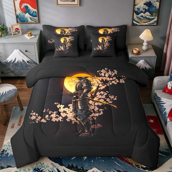 Manfei Art Samurai Twin Bedding Sets for Home, Moon Cherry Bedding Comforter Set for Office, Black Gold Pink, Black Reversible7-Piece