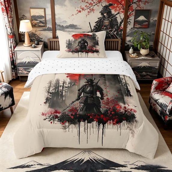 Manfei Art Samurai Twin Comforter Sets for Teens, Red Sun Forest Bedding Set for Dorm, Black Red Beige, Reversible 2-Piece, 1 Comforter and 1 Pillowcase