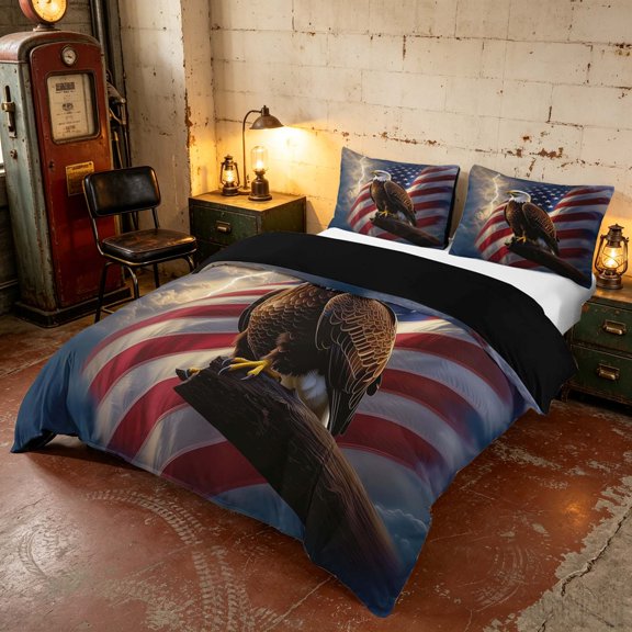 Manfei Artistic Lightning Eagle Duvet Cover Queen, American Flag Queen Bedding, Red White Blue, Black Reversible 3pcs, 1 Duvet Cover and 2 Pillowcases