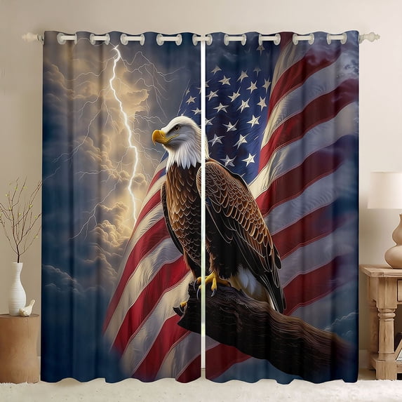 Manfei Artistic Lightning Eagle Kitchen Curtains, American Flag Black Out Curtains Pack of 2 (42x63 Each), Red White Blue