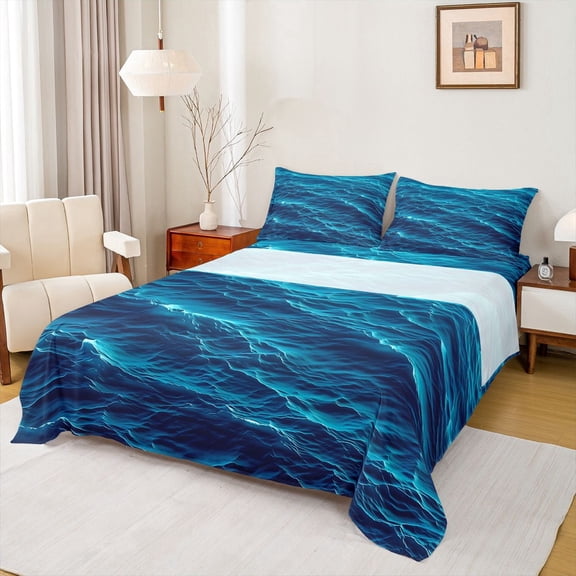Manfei Artistic Ocean Wave Queen Sheets,Clam Sea Queen Sheet Sets,Blue,4 Pieces,1 Flat Sheet, 1 Fitted Sheet and 2 Pillowcases