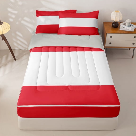Manfei Austria Flag Zipper Full Size Comforter Sets with Fitted Sheet and 2 Pillowcases,Red White Zipper Bedding Set,Light Gray Reversible,4pcs