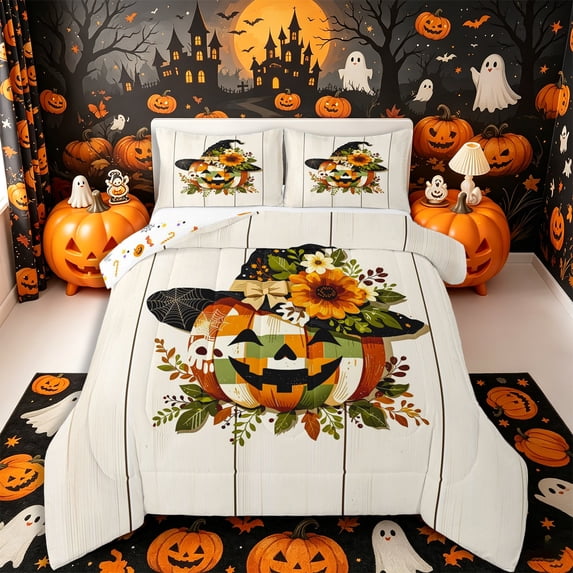 Manfei Autumn Checkered Pumpkin Full Size Comforter Sets 3-Piece, Halloween Rustic Sunflower Flower Bedding Comforter Set, Orange Green White,Reversible,1 Comforter and 2 Pillowcases