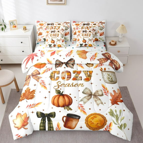 Manfei Autumn Cozy Season 7pcs Bedding Comforter Set,Cute Bowtie Bowknot Queen Bedding Sets,Brown Autumn Pumpkin Maples Queen Sheet Sets For Adults,Luxury Bedroom Decor Reversible