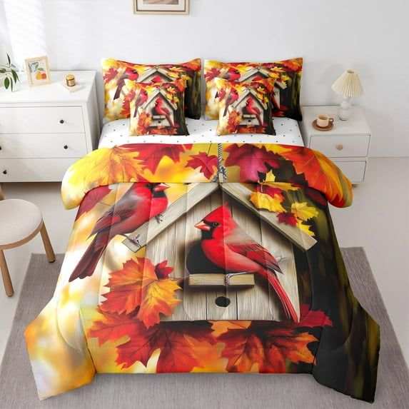 Manfei Autumn Fall Maples 7 Pieces Bedding Comforter Set,Christmas Cardinals Full Bedding Set,Merry Xmas Fitted Sheet Flat Sheet For Kids,Luxury Bedroom Decor Reversible