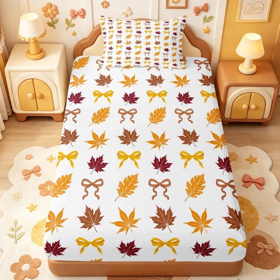 Manfei Autumn Fall Maples Twin Fitted Sheet,Pink Princess Bowtie Bedding,2-Piece,1 Fitted Sheet and 1 Pillowcase