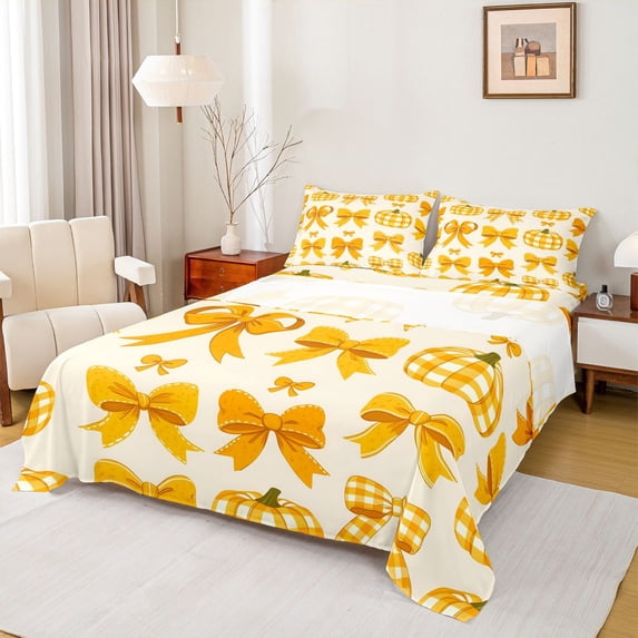 Manfei Autumn Fall Pumpkin Queen Sheets for Girls, Cartoon Orange Gingham Bow Queen Sheet Sets, 4pcs, 1 Flat Sheet, 1 Fitted Sheet and 2 Pillowcases