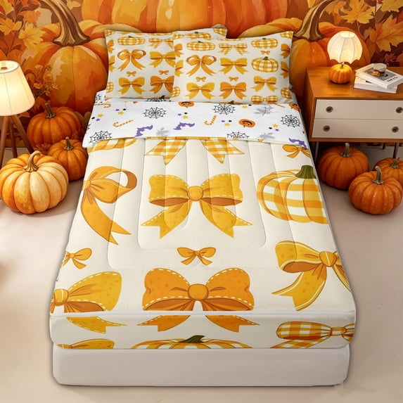 Manfei Autumn Fall Pumpkin Zipper Twin Comforter Sets with Fitted Sheet and 2 Pillowcases for Girls, Cartoon Orange Gingham Bow Zipper Bedding Set, Halloween Reversible, 4pcs