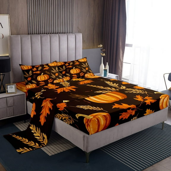 Manfei Autumn Harvest Full Sheet Sets,Thanksgiving Day Bedding Full Size,Fall Pumpkin Bed Sheets Set Full Size,Breathable Botanical Room Decor,4-Piece