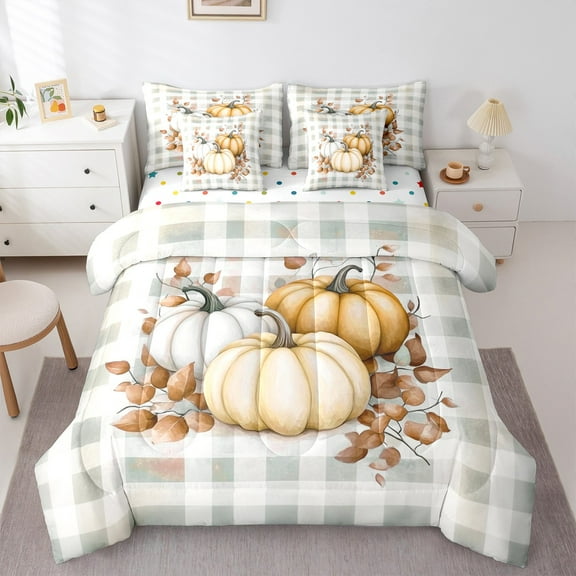 Manfei Autumn Harvest Pumpkin 7-Piece Twin Bedding Sets,Rustic Farmhouse Cabin Bedding Comforter Set,Geometric Plaid Sheet Sets For Girl Boys,Microfiber Bedroom Decor Reversible