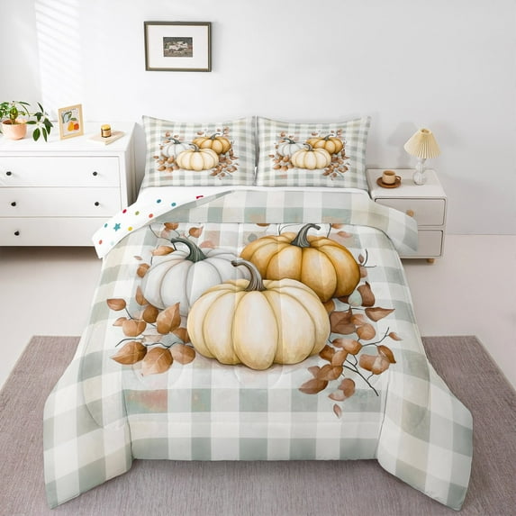 Manfei Autumn Harvest Pumpkin Bedding Comforter Set,Rustic Farmhouse Cabin Twin Comforter Sets,Geometric Plaid Bedding Set For Girl Boys,Microfiber Bedroom Decor Reversible,2-Piece