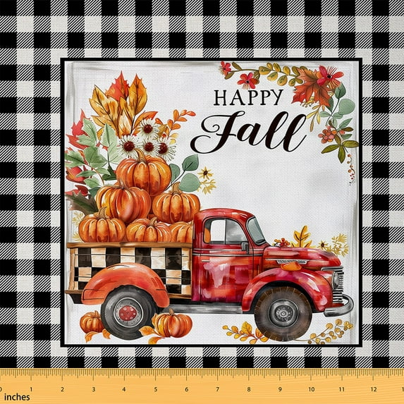 Manfei Autumn Harvest Pumpkin Fabric by the Yard (5 Yards), Happy Fall Print Decorative Fabric by the Yard, Black White Buffalo Checkered DIY Fabric