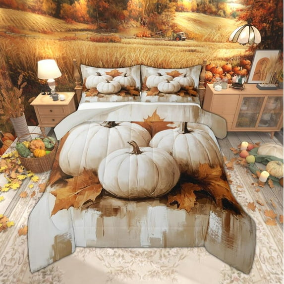 Manfei Autumn Harvest Pumpkin Queen Comforter Set, Fall Maple Leaves Bedding Sets, Oil Painting Bedding Comforter Set, Ultra Soft Bedroom Decor, Reversible 3pcs