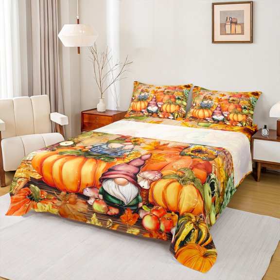 Manfei Autumn Pumpkin 4-Piece Queen Sheet Set - Cute Gnome/Hello Fall