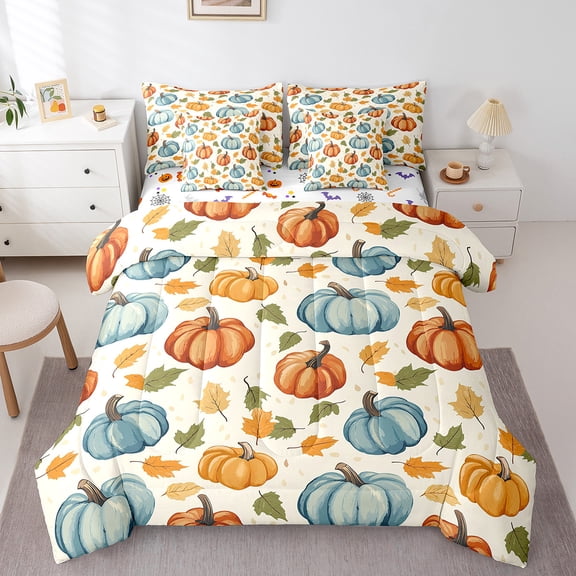 Manfei Autumn Harvest Pumpkin Twin Bedding Sets 7 Pieces,Happy Halloween Bedding Comforter Set 7 Pieces,Orange Maple Leaves Sheet Sets,Microfiber Room Decorative Reversible