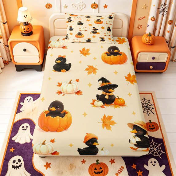 Manfei Autumn Harvest Pumpkin Twin Fitted Sheet,3D Cartoon Black Duck Bedding,2pcs,1 Fitted Sheet and 1 Pillowcase