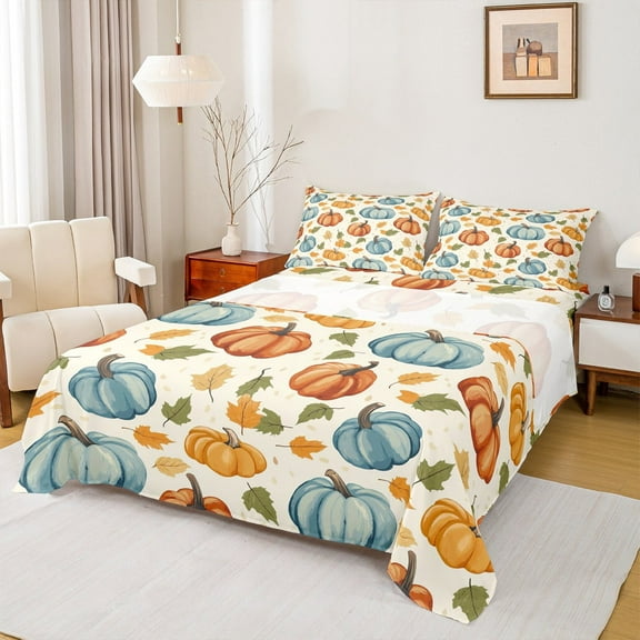 Manfei Autumn Harvest Pumpkin Twin Sheet Sets,Happy Halloween Twin Fitted Sheet,Orange Maple Leaves Flat Sheet,Microfiber Room Decorative,3 Pieces