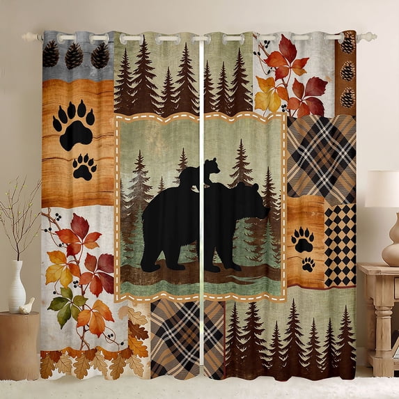 Manfei Autumn Leaf Kitchen Curtains,Family Bear Print Black Out Curtains Pack of 2 (42x63 Each),Brown