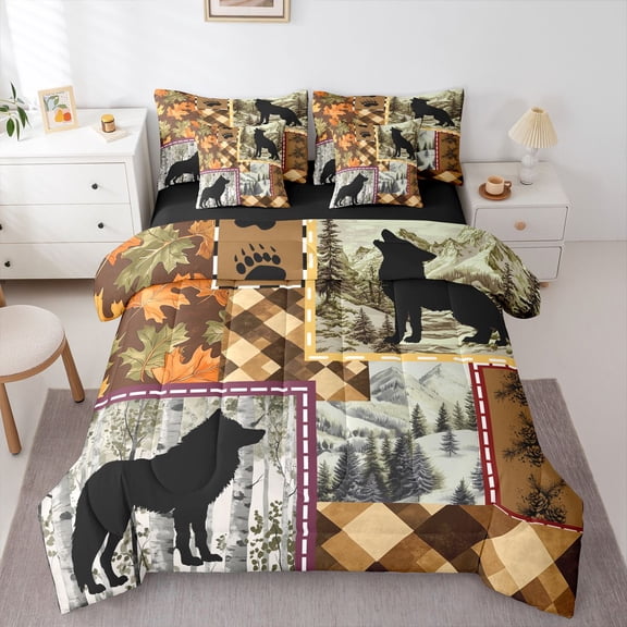 Manfei Autumn Leaf Plaid 7 Pieces Full Size Bedding Sets,Woodland Wolf Full Size Bed in a Bag,Orange,Black Reversible