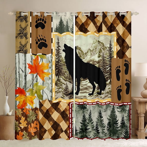 Manfei Autumn Leaf Plaid Kitchen Curtains,Cartoon Wolf Black Out Curtains Pack of 2 (42x63 Each),Brown