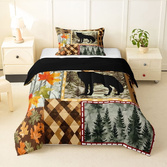 Manfei Autumn Leaf Plaid Twin Comforter Sets,Cartoon Wolf Bedding Set,Brown,Black Reversible,2-Piece,1 Comforter and 1 Pillowcase